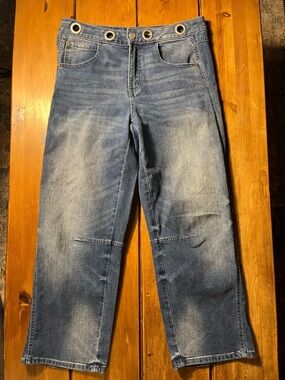 Denim Hi-Rise Wide Leg Crop Jeans with Grommet Waist